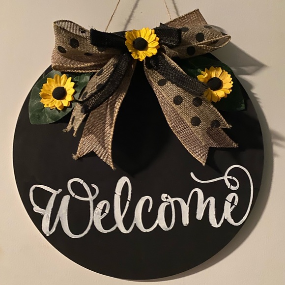 Handmade | Art | Charming Black Welcome Sign With Sunflower Accents ...